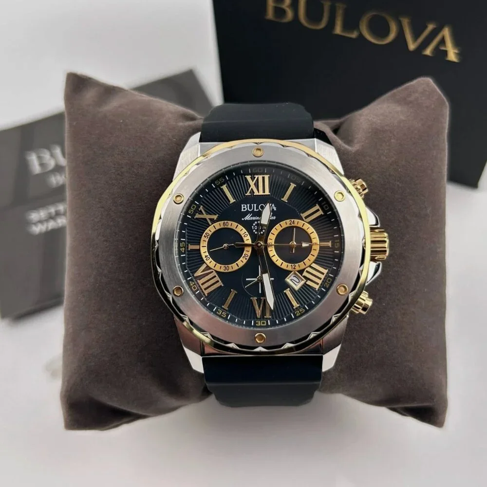 Bulova 44mm Black Rubber Strap Gold Accent Watch